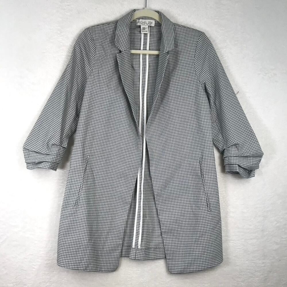 Rachel Zoe Blazer XS Gingham Ruch Sleeve Academia Oversized Quiet Luxury 80s